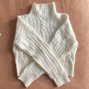 Express White Funnel Neck Cable Knit Sweater
